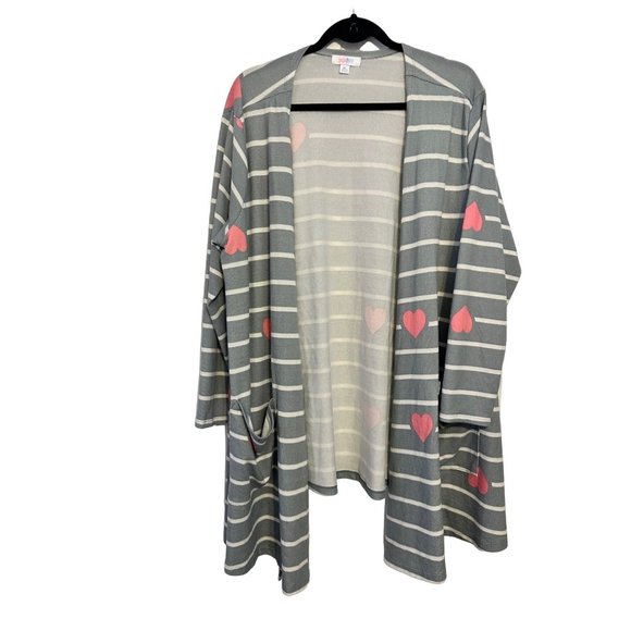 LuLaRoe Sweaters - LulaRoe gray stripe and pink heart open cardigan XL